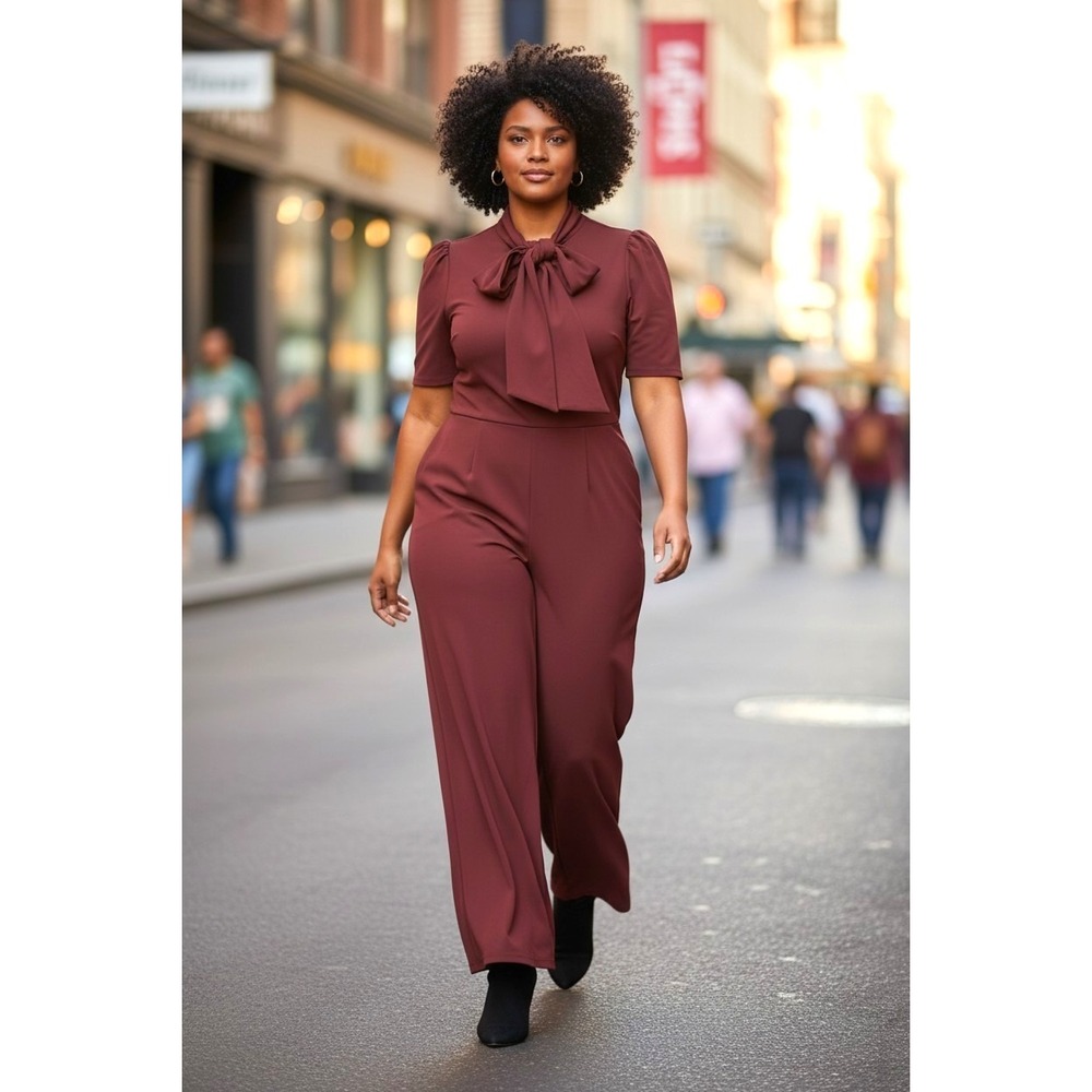 (G-204) Studio Park Jumpsuit Women Large Burgundy Tie Neck Wide Leg QVC‎ Elegant